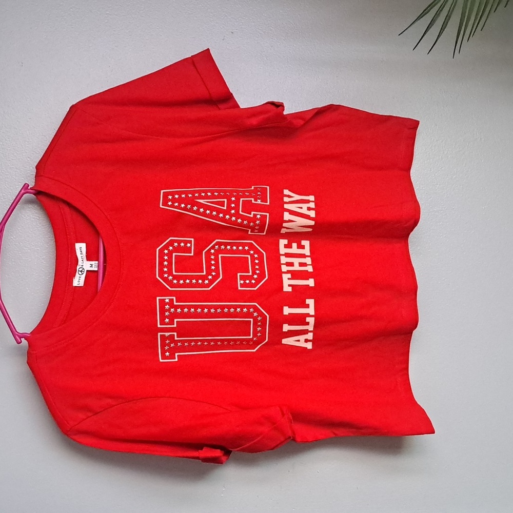 USA All The Way Star Studded 🌟  Boxy Red Crop Top NWOT Length 19" PTP 21.5"-24: